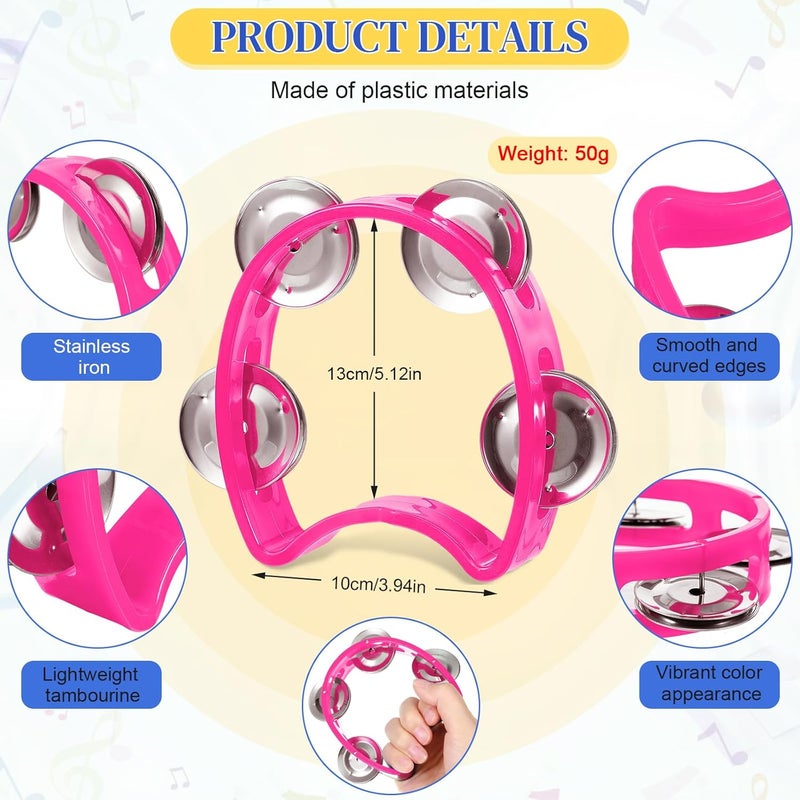 Lukmaa 12 Pcs Plastic Percussion Tambourine with 4 Bells Rhythm Musical Instruments for Adults Hand Tambourine Hand Held Percussion Drum for Party Kindergarten Family School Supplies (Pink) - Image 2
